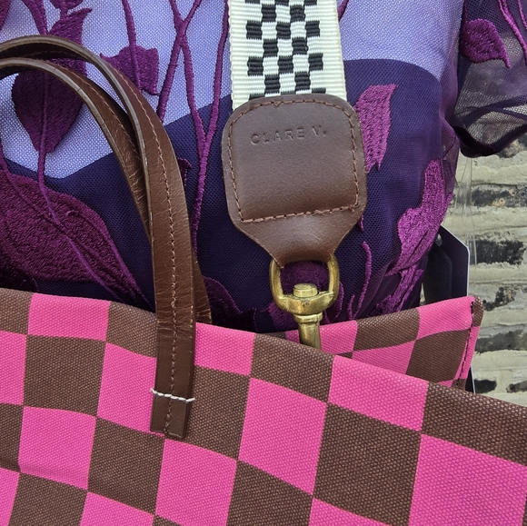 CLARE V. Pink and Brown Checkered Tote Bag - Picture 3 of 12